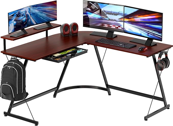 SHW 51 x 51 Inches Vista L-Shaped Desk with Monitor Stand and Drawer Cherry