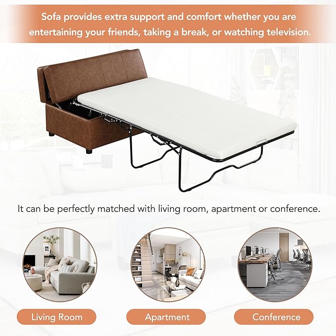 46 Ottoman Folding Bed Twin Size Convertible Ottoman Pull Out Bed with Memory Mattress Foldable Sofa Beds Dual Use Guest Sleeper Couch for Living Room Bedroom Guest Room RV (Brown+PU)