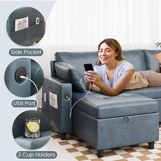 Sleeper Sofa Couch with Pullout Bed 83.5 L-Shaped Convertible Sofa with Storage Chaise USB Ports &amp Cup Holders Faux Leather Sectional for Living Room Dark Blue