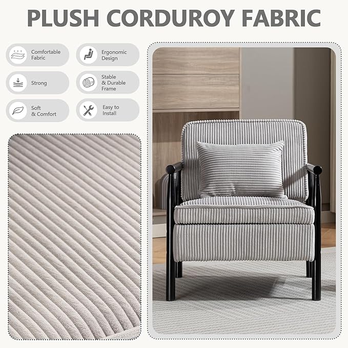 Grey Accent Chair with Storage for Living Room 24 W Mid Century Modern Chair with Cushion Upholstered Corduroy Reading Chair with Wooden Legs Comfy Arm Chairs(Grey)