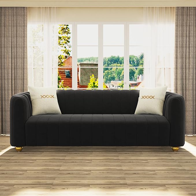 83'' Velvet Sofa for Living Room Modern Comfy Couch 3-Seater Apartment Sofa with 2 Pillows &amp Golden Metal Legs