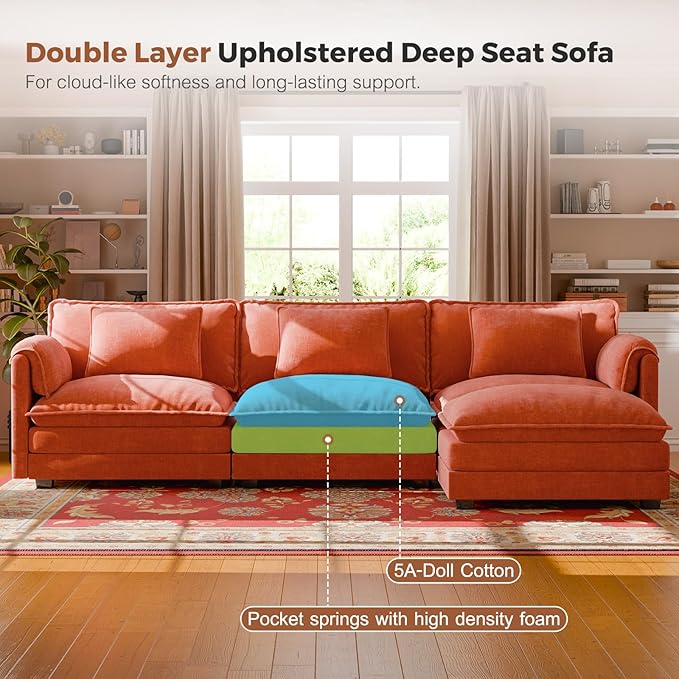 ABCASA Oversized 150 U Shaped Couch Modular Sectional Sofa 6-Seat Comfy Cloud Couch with 4 Pillows Deep Seat Couches for Living Room Bedroom and Apartment Chenille Orange