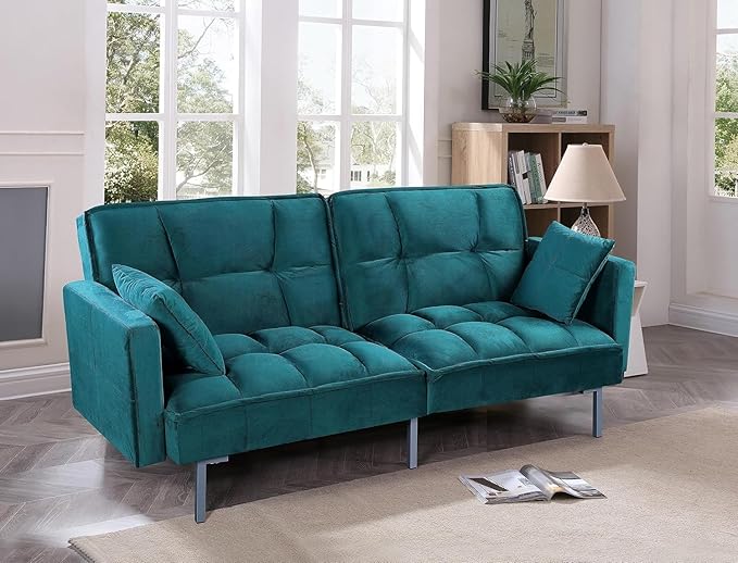 Regal 75.6 Velvet Convertible Sofa Bed - Mid-Century Sleeper Couch w/Tufted Design &amp Metal Legs - Pull-Out Futon for Guests/Home (75.6 W x 34.6 D x 32 H) Blue