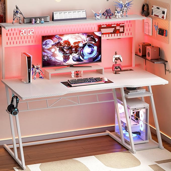 Armocity 53'' White Gaming Desk with Hutch and LED Lights Gaming Computer Desk with Storage Shelves &amp Z-Shaped Legs Reversible PC Game Desk with Pegboard for Bedroom Carbon Fiber Surface