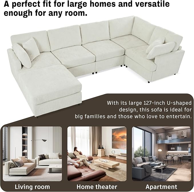 Modern Large Modular Sectional Couch U-Shape Sectional Sofa with Removable Ottoman Polyester Sofa 6-Seater Couch with Solid Wood Legs for Living Room (Beige-29J)
