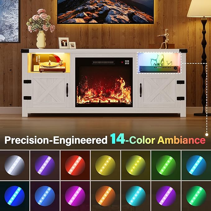 YESHOMY LED Fireplace TV Stand with Mood Lighting TV Cabinet with Open Shelf Farmhouse Media Console with Hidden Cable Routing Entertainment Center for Televisions up to 65+ Inch White