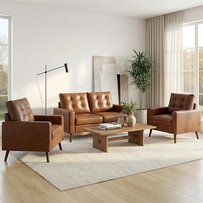 Wahson 53 Wide Loveseat with Armrest Upholstered 2-Seater Tufted PU Leather Double Sofa Mini Sofa with Wooden Legs Mid Century Modern Couch for Bedroom/Living Room Brown