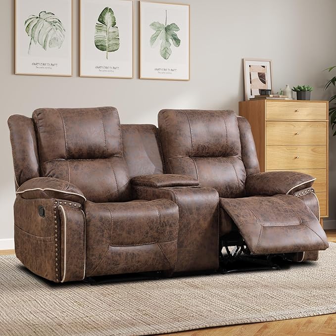 EBELLO Faux Leather Manual Recliner Loveseat 2 Seater Reclining Sofa Chair with Center Console Hidden Storage and Cup Holders Vintage Rivet Mid-Century Design for Living Room Meeting Room Brown