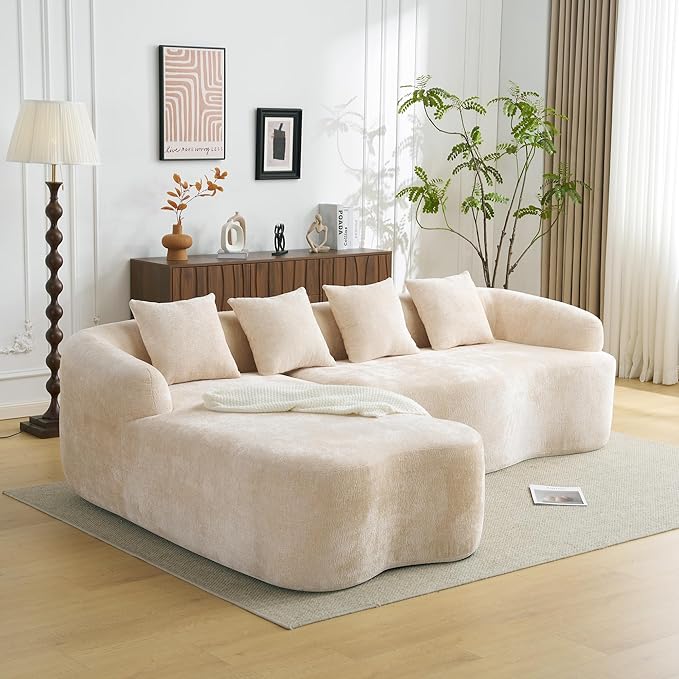 KEIKI 104.7 Cloud Sofa L-Shape Sectional Sofa with Curved Chaise Futon Sofa Couch Folding Mattress for Living Room Guest BedroomNo Assembly Required Beige
