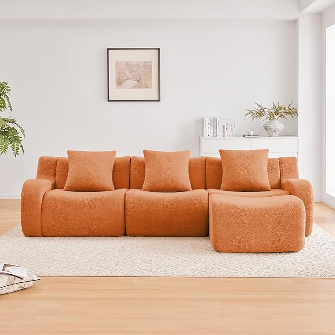 Orange L-Shaped Cloud Couch with 1 Ottoman Modern Teddy Fabric Boneless Sectional Sofa in a Box Modular Floor Sofa for Living Room Deep Seat No Assembly Required Sofas para Sala