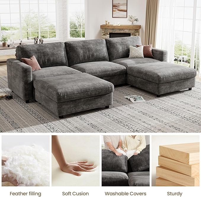 KKL Modular Sectional Couches for Living Room Chenille 5 Seater Sofa Couch with Adjustable Backrest Sofa Couch with Comfy Cushion Dark Grey