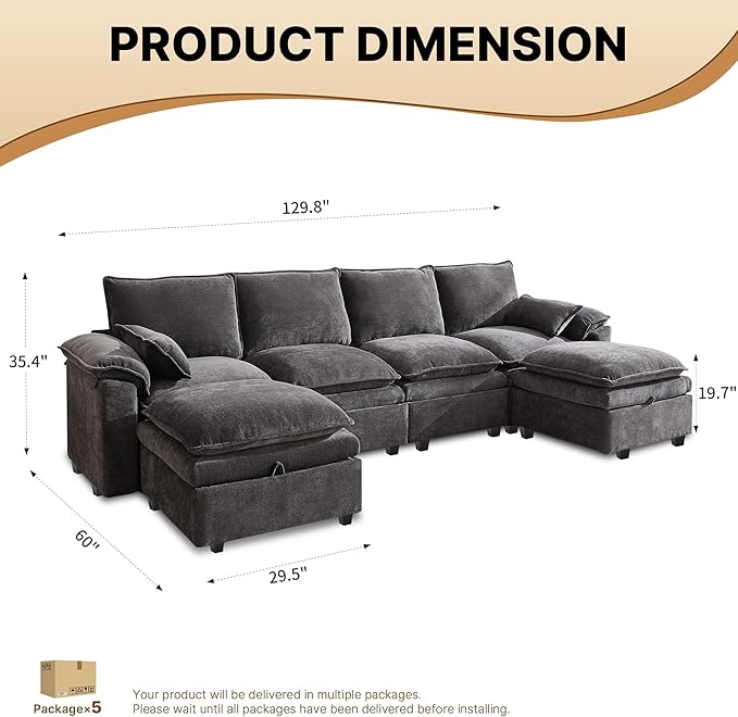 130 Modular Sectional Sofa U Shaped with Storage Chenille Cloud Couch for Small Spaces Living Room Apartment Comfy Deep Seat with Reversible Ottoman (6 Seats Grey)