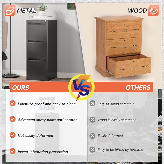 3 Drawer File CabinetFiling Cabinets for Home Office Metal Vertical File Storage with Lock Locking for A4 Legal/Letter Assembly Required(Black)