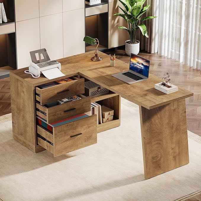 Tribesigns 55-Inch L Shaped Computer Desk with 3 Drawers Corner Home Office Desk with Storage Shelves Farmhouse Wood Executive Desk for Work Writing Sturdy Gaming Brown