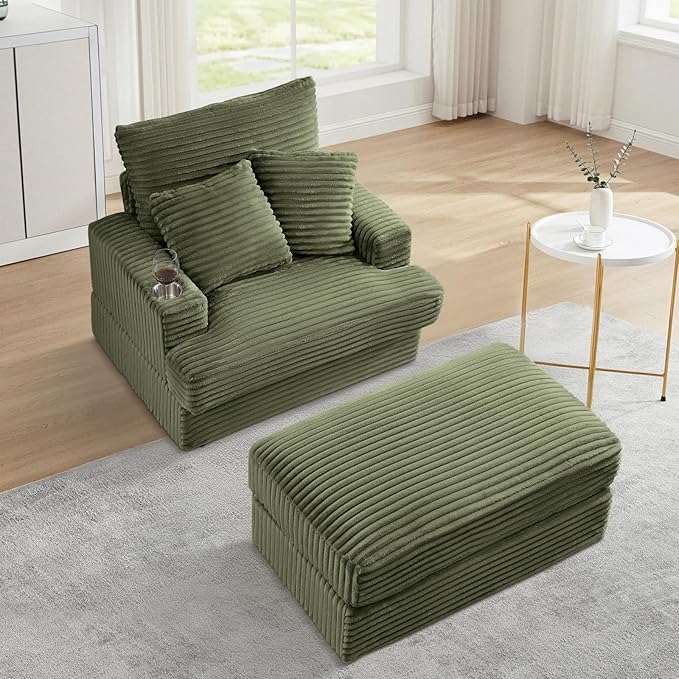 Chaise Lounge Chair Indoor 39 W Plush Corduroy Oversized Chair with Ottoman Upholstered Cozy Chaise with Cup Holder Modern Deep Seat Comfy Sofa Armchair for Living Room Bedroom(Green)