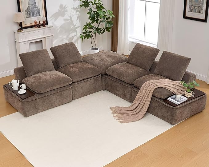 119 Oversized Cloud Modular Chenille Sectional Sofa with 2 Coffee Table Trays 4 Seat Couch Sectional Large Sectional Couches for Living Room Coffee