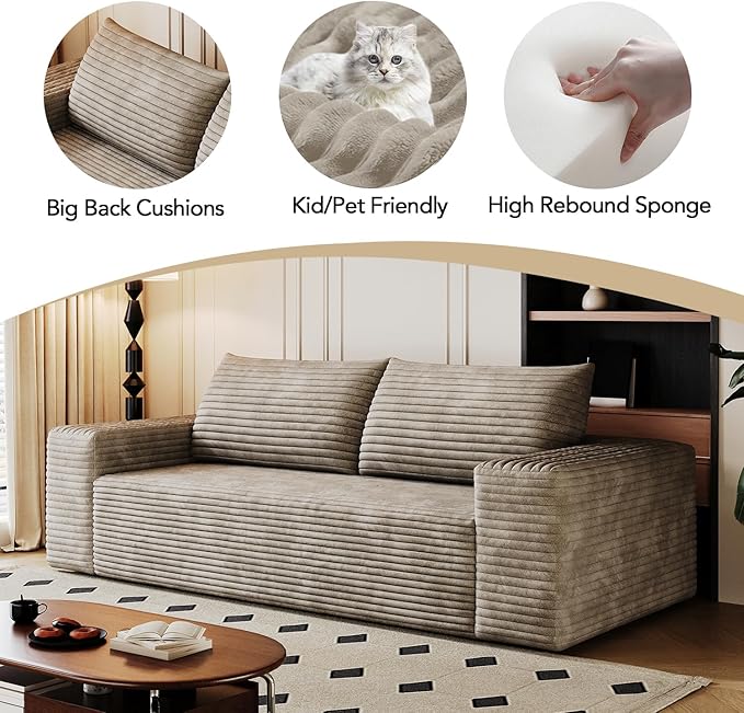 71 Small Space Boneless Modular Couch with Corduroy Memory Foam Deep Seat - Cloud - Comfy No Assembly Required Sofa for Living Room Bedroom &amp Apartment (Camel 71 inch)