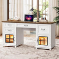 58 Executive Desk Farmhouse Computer Desk with Drawers and File Cabinet LED Light Wooden Home Office Desk with Charging Station Workspace for Study Writing White and Walnut