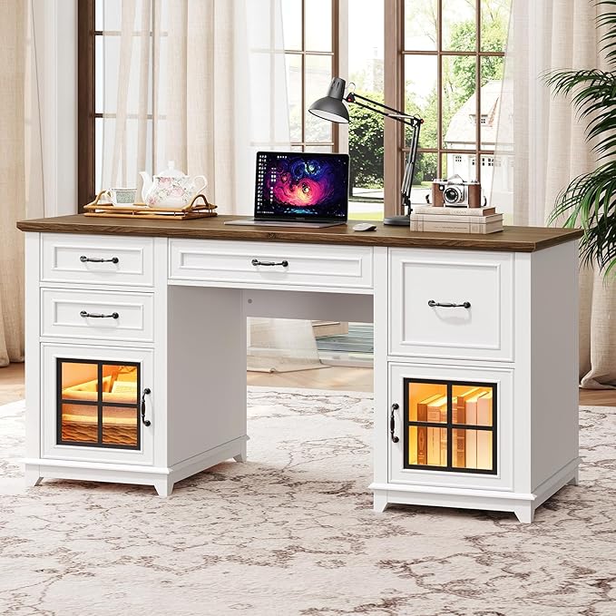 58 Executive Desk Farmhouse Computer Desk with Drawers and File Cabinet LED Light Wooden Home Office Desk with Charging Station Workspace for Study Writing White and Walnut