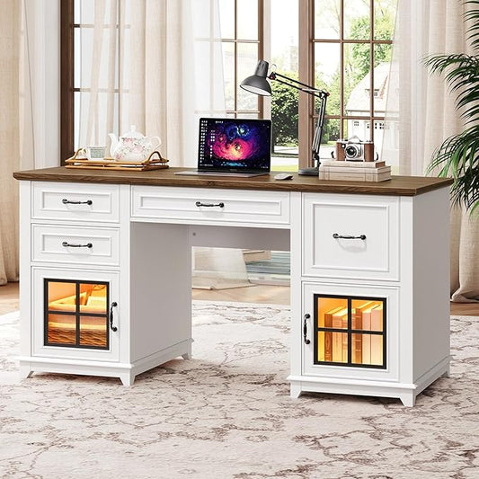 58 Executive Desk Farmhouse Computer Desk with Drawers and File Cabinet LED Light Wooden Home Office Desk with Charging Station Workspace for Study Writing White and Walnut