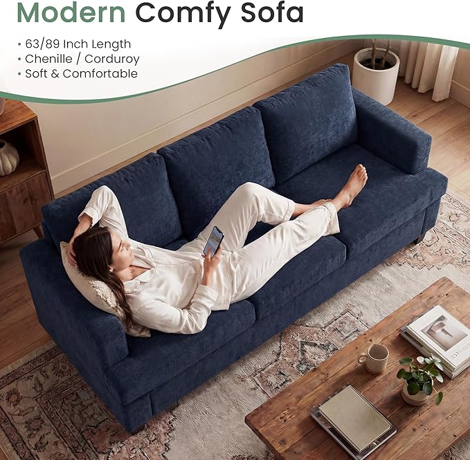 YOUDENOVA 2 Piece Set Comfy Sofa Couch 3 Seater &amp Loveseat Sofa with Deep Seats Modern Sleeper Couch for Living Room Navy Chenille