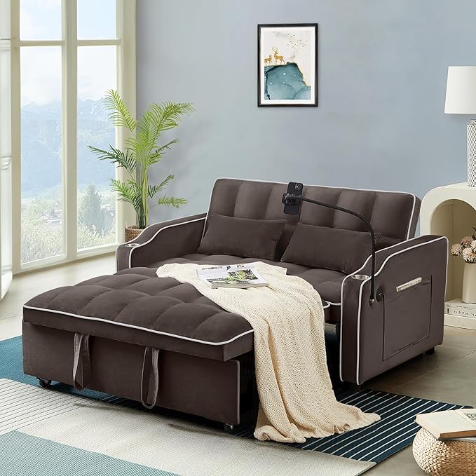 Antetek Sleeper Sofa Couch Bed with USB &amp Type C Port Modern 3-in-1 Convertible Velvet Pull Out Loveseat Futon Sofa w/Phone Holder/Cup Holder for Living Room Apartment Adjustable Backrest Coffe