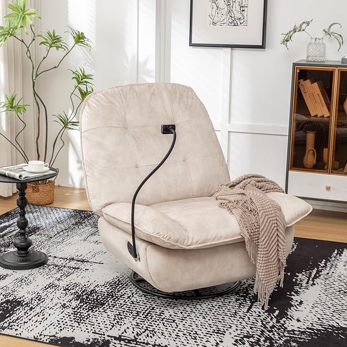 Swivel Rocker Recliner Chair for Adult Oversized Armless Recliner with Phone Holder Comfy Swivel Glider Recliner Velvet Reading Chair for Living Room (Ivory)