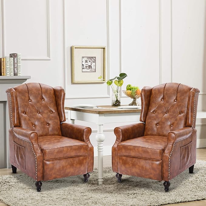 Wingback Recliner Chair with Massage and Heat Tufted PU Leather Push Back Recliner Chair for Living Room Vintage Wingback Chair with Remote Control Padded Cushion Backrest Wooden Legs