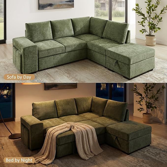 VANOMi 94 Sectional Sleeper Sofa with Pull Out Couch Comfy 6 Seater L Shaped Modular Sofa with Storage Ottoman Modern Convertible Chenille Cloud Couches for Living Room Apartment Olive