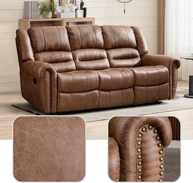 EBELLO Faux Leather Manual Reclining Sofa Recliner 3 Seat Loveseat Sofa Chair Couch for Living Room Bedroom Furniture Meeting Room Brown (3 Seat Sofa)