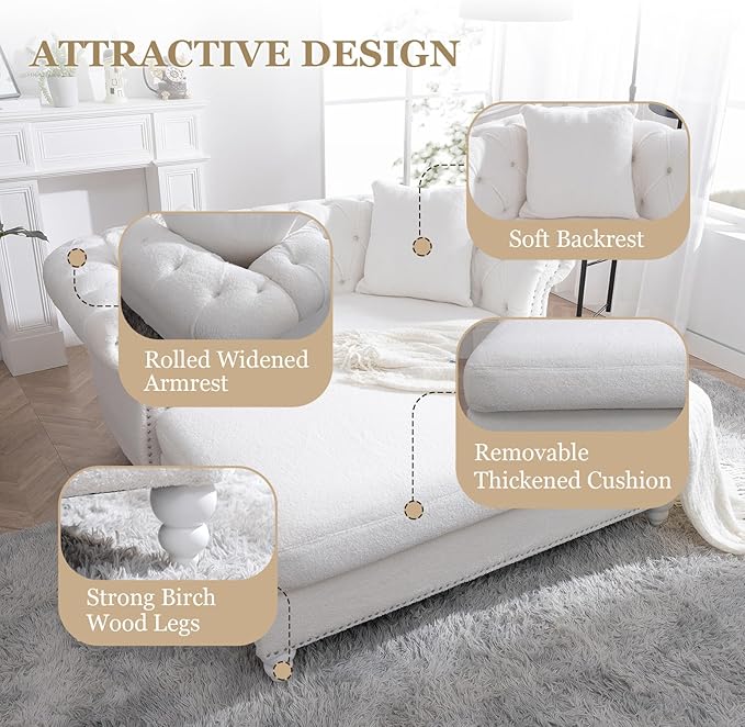 63 Loveseat Chaise Lounge Couch with 2 Pillows Upholstered Teddy Velvet Loveseat Chaise Sofa with Tufted Back Roll Arms 2-Seater Couch for Living Room Apartments Office(White)