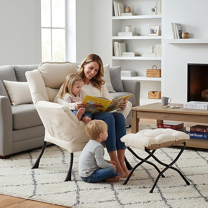 Welnow Lazy Chair with Ottoman Modern Reading Accent Chair with Armrests and a Side Pocket Leisure Upholstered Lazy Sofa Set with Footrest for Small Space Beige