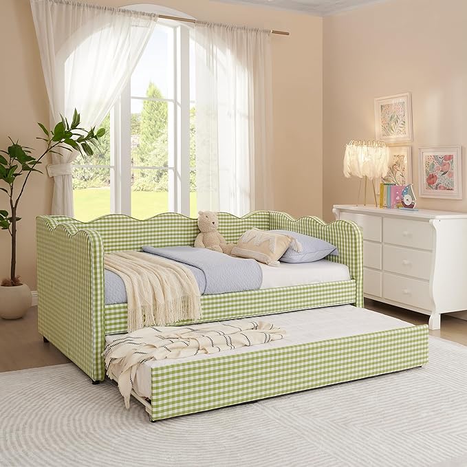 Cozy Gingham Daybed with Trundle Twin Size Sofa Bed No Box Spring Needed with USB Port and Adorable Wave Shaped Linen Fabric Navy (Green)