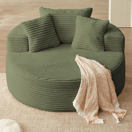 Oversized Round Chair Lounge Chaise Indoor Upholstered Corduroy Deep Seat Cloud Large Circle Sofa Chair No Assembly Required Fluffy Modern Sleeper Sofa Bed for Reading Living Room Bedroom Green