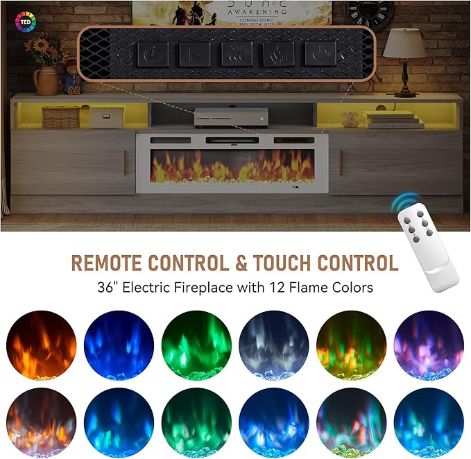 MXV 78 Fireplace TV Stand with Power Outlet for TVs UP to 90 Electric Fireplace Entertainment Center with LED Lights &amp Storage Cabinets TV Console for Living Room Office Grey-White