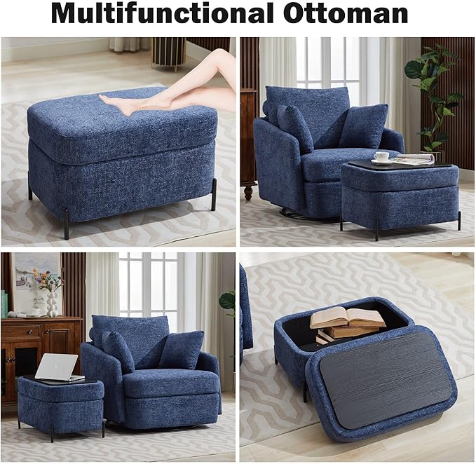 Chifee &amp Vingol 40.6 Oversized Swivel Accent Chair with OttomanChenilleNavy