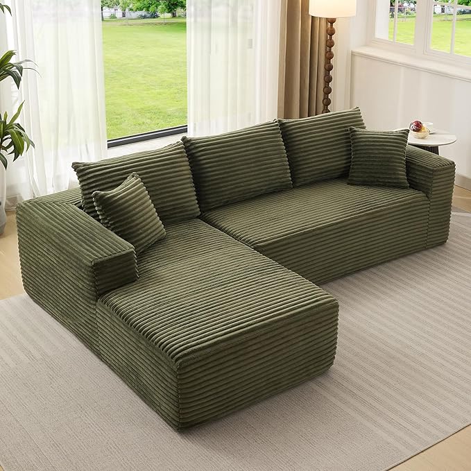 108 Cloud Sectional Couch with L-Shape Chaise Modern Modular Sofa with Deep Seat Boneless Cloud Couches for Living Room Bedroom No Assembly Required Plush Corduroy (Green Left Facing Chaise)