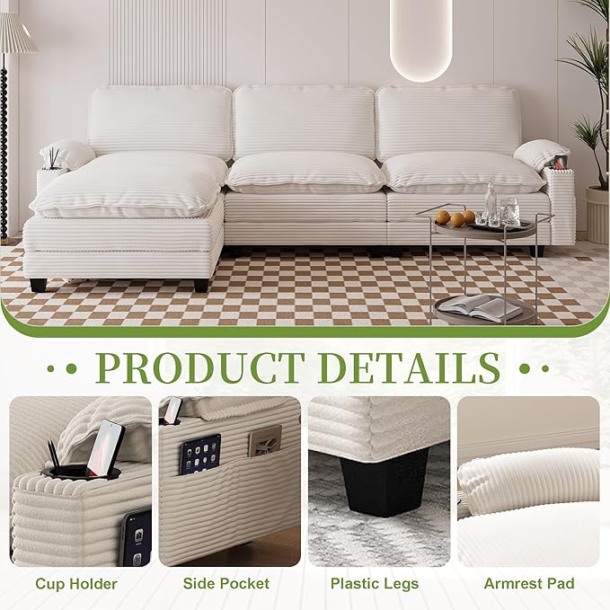 113 Modular Sectional Sofa L Shaped Cloud Couch with Movable Ottoman Comfy Corduroy Deep Seat Sofa with Cup Holders Storage Bags Couches for Living Room