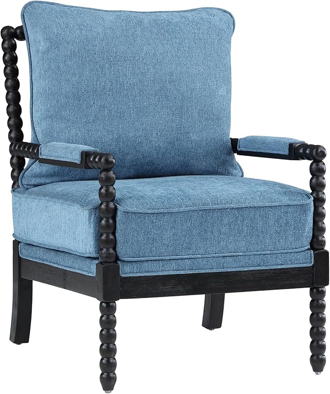 DUHOME Linen Fabric Spindle Accent Chair with Wood FrameModern Accent Spool Chairs with Padded Spring Seat and Brushed Blue Base for Living Room Bedroom Farmhouse Home Office Belcony