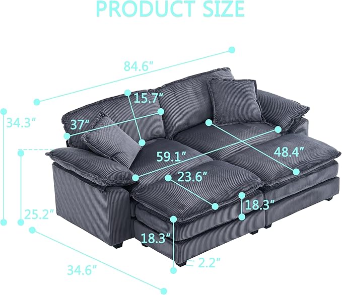 84.6” Corduroy Loveseat with Ottoman Oversized Double Chaise Lounge Chair Indoor Deep Seat Two Seater Couch Cloud Couch Modular Sectional Sofa for Living Room(Corduroy White)