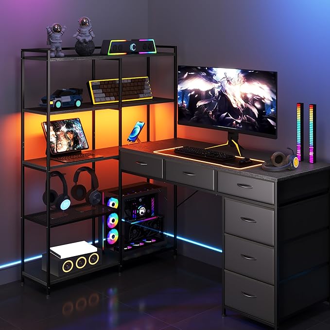 Garvee L Shaped Gaming Computer Desk with 6 Fabric Drawers Corner Gaming Desk with Open Shelves Home Office PC Table with Power Outlets &amp LED Lights 58.3 l*54.3 h Black