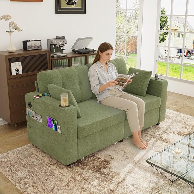 67 Small Loveseat Couch with Storage USB Charging and Cup Holder Space Saving Furniture Modern Chenille Love Seat Sofa Small Couches for Small Spaces Bedroom Apartment Olive Green