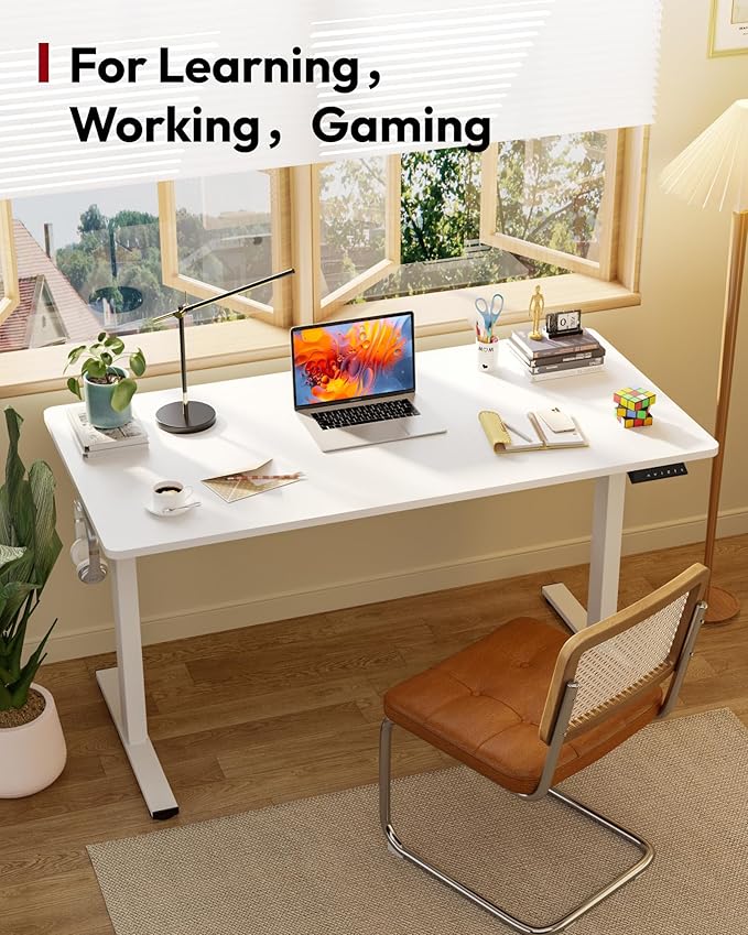 SANODESK Electric Standing Desk 60 x 24 Inches Whole-Piece Desktop Height Adjustable Stand Up Desk w/6-Button Controller Ergonomic Computer Desk for Home Office White Frame + White Tabletop
