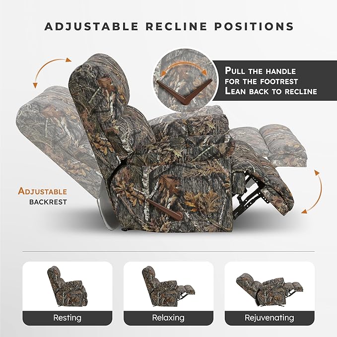 Lexicon Glider Recliner Chair with Lever Handle Textured Microfiber Manual Recliner Plush Stitching Cushion Pillow Top Arms Rustic Armchair for Cabin/Living Room Easy Assembly Camouflage
