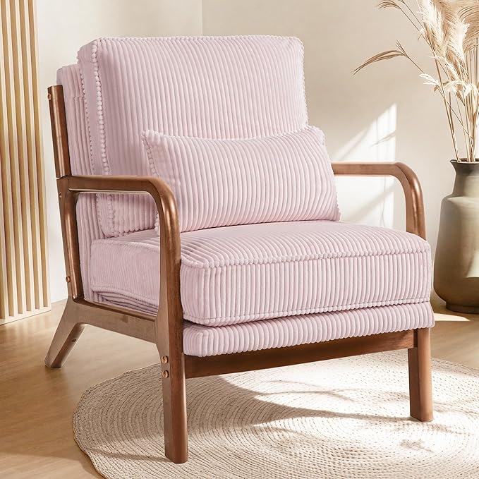 FLEXISPOT AC1 Accent Chairs Set of 2 Upholstered Mid Century Modern Corduroy Armchairs with Solid Wood Frame Comfy Lounge Reading Chairs Farmhouse Armchairs for Living Room Bedroom Balcony (Pink)