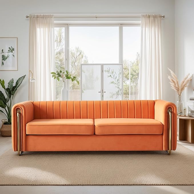 KEIKI 84 Velvet Deep Channel Tufted Sofa with Back Cushions and Rolled Arms Modern Style 3-Seater Couch with Golden Polished Steel Legs Easy Assembly for Living Room Bedroom Office Orange