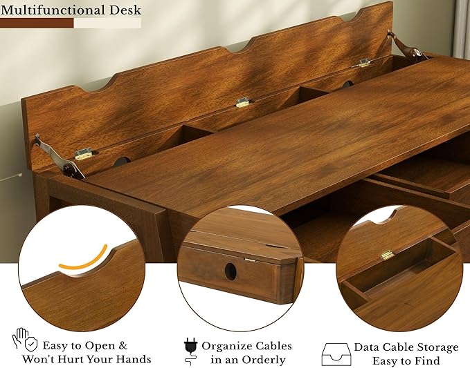 HNY 59 Inches Walnut Wooden Writing Desk with 3 Drawers Computer Study Table with MDF Top Solid Rubberwood Legs and Hidden Cable Management Holes Corner Makeup Vanity Desk for Home Office Bedroom