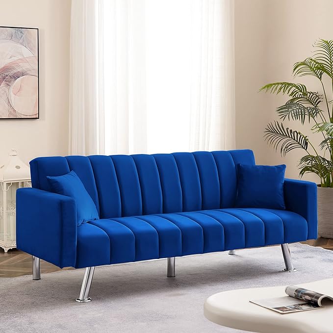 AWQM Sofa Bed Upholstered Convertible Folding Sofa Bed with 2 Pillows Sturdy Sleeper Couch with Wooden Frame and Metal Legs Comfortable Velvet Sofa Suitable for Living Room Bedroom Office (Blue)