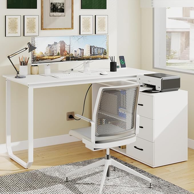 Giantex 55 Inch L-Shaped Desk with Charging Station Reversible Computer Desk with 3 Drawers Adjustable Shelf Large Computer Workstation Corner Desk for Small Spaces Home Office (White)