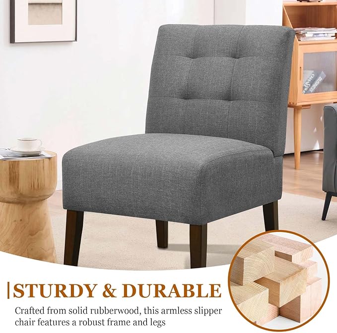 Modern Accent Chair for Living Room Upholstered Armless Slipper Chair with Back &amp Wood Legs Comfy Small Chair for Bedroom Living Room Reading Spaces Office (Gray2)